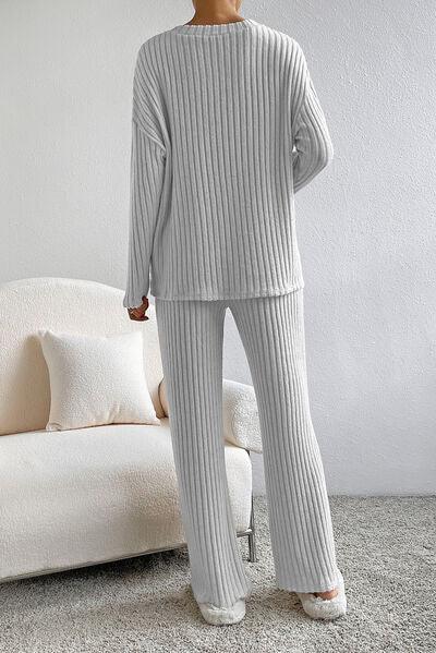 Ribbed V-Neck Top and Pants Lounge Set Carauana Store
