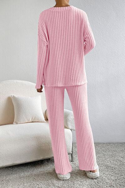 Ribbed V-Neck Top and Pants Lounge Set Carauana Store