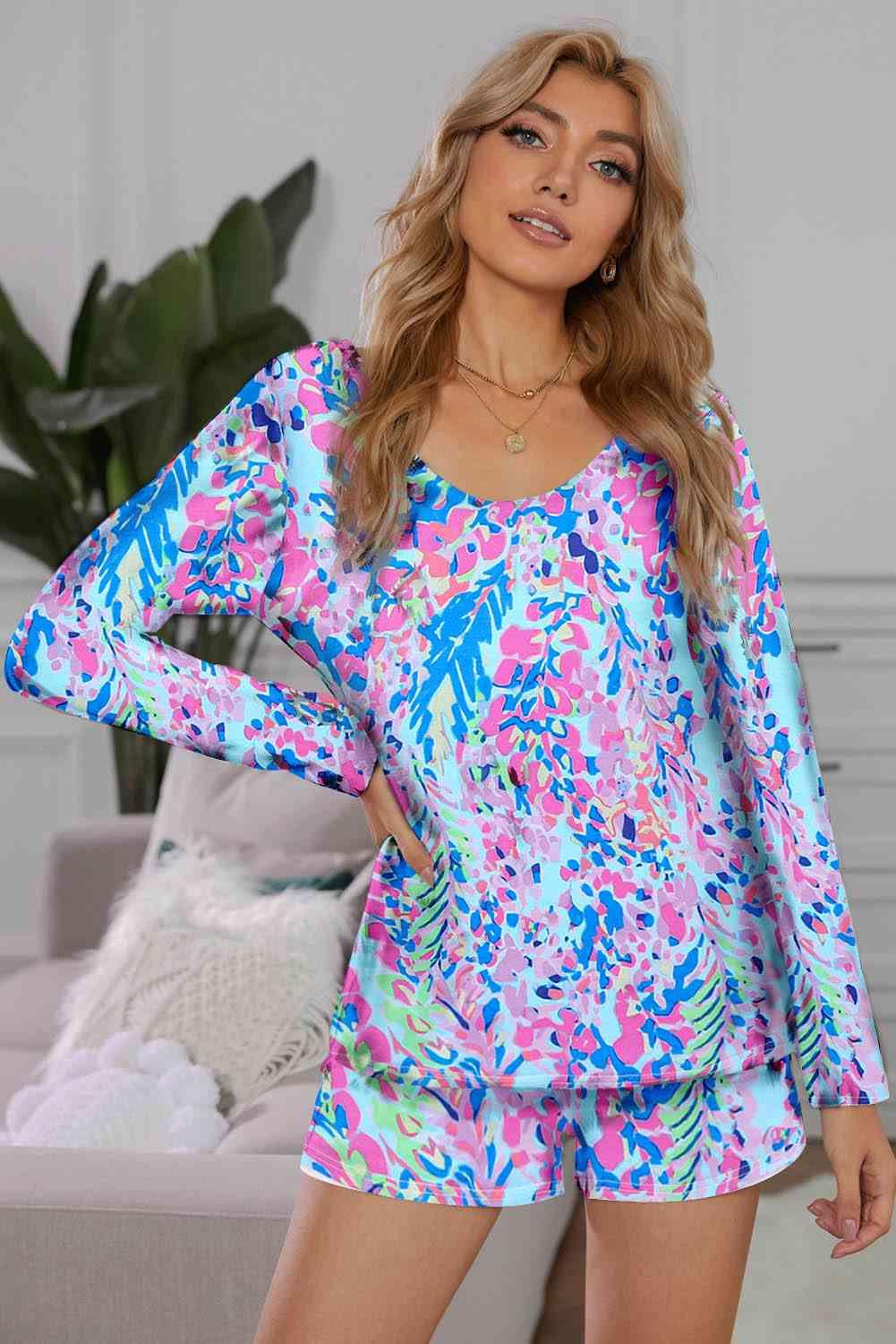 Round Neck Printed Top and Shorts Lounge Set Carauana Store