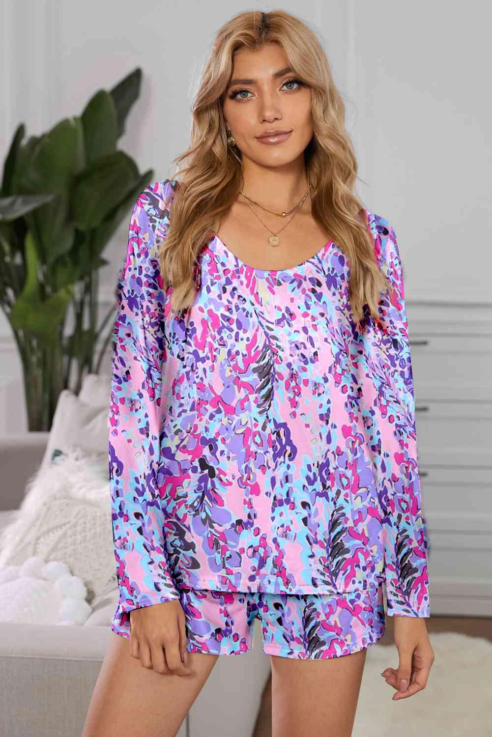 Round Neck Printed Top and Shorts Lounge Set Carauana Store