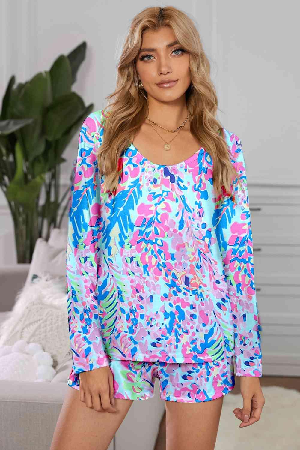 Round Neck Printed Top and Shorts Lounge Set Carauana Store