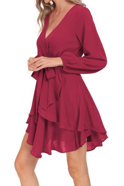 Tied Surplice Balloon Sleeve Layered Dress Carauana Store