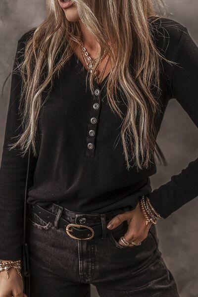 V-Neck Half Button long Sleeve T-Shirt Carauana Store