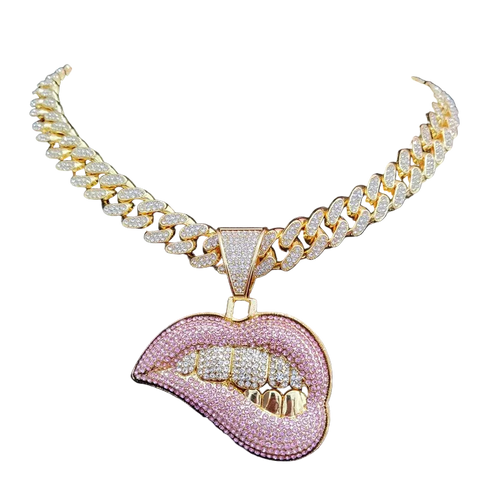 ZIDOM Bite Lip Necklace – Rhinestone Pendant