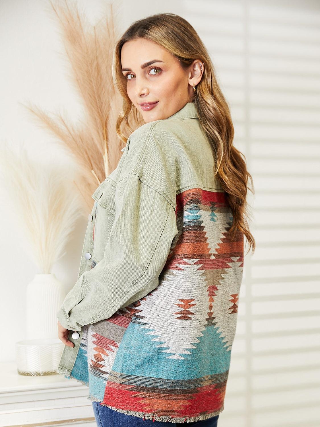 Dropped Shoulder Long Sleeve Printed Denim Jacket Carauana Store