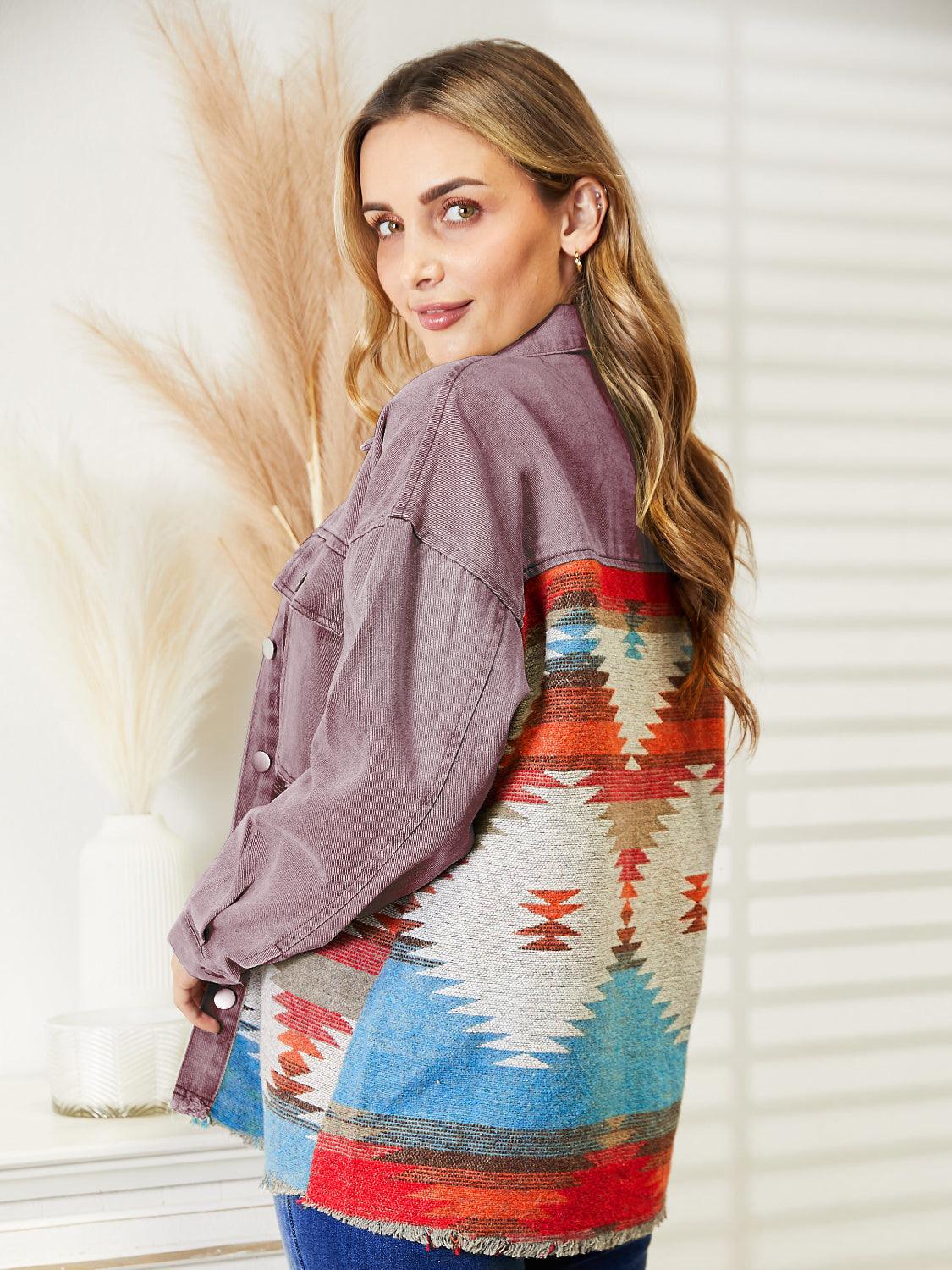 Dropped Shoulder Long Sleeve Printed Denim Jacket Carauana Store