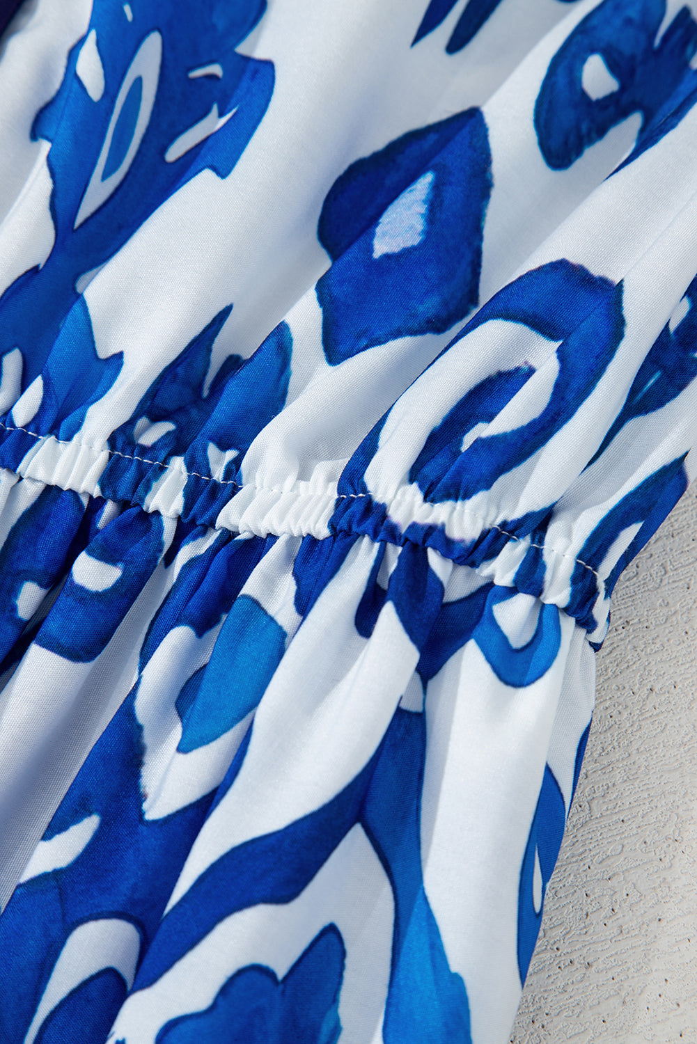 Blue Floral Puff Short Sleeve V Neck High Waist Maxi Dress