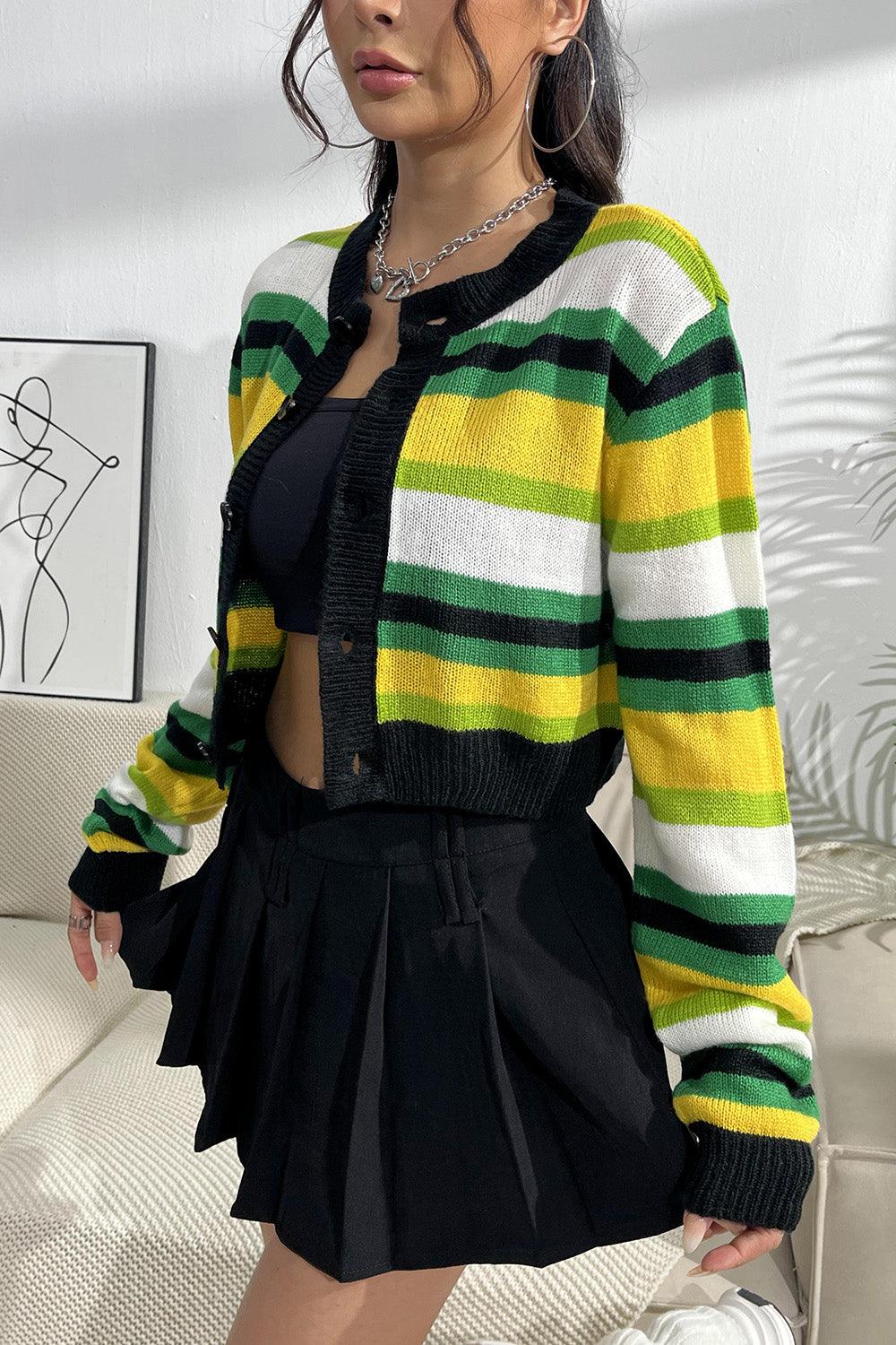 Striped Button Up Contrast Cropped Cardigan Carauana Store