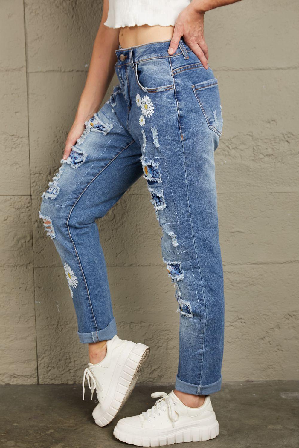 Baeful Printed Patch Distressed Boyfriend Jeans Carauana Store