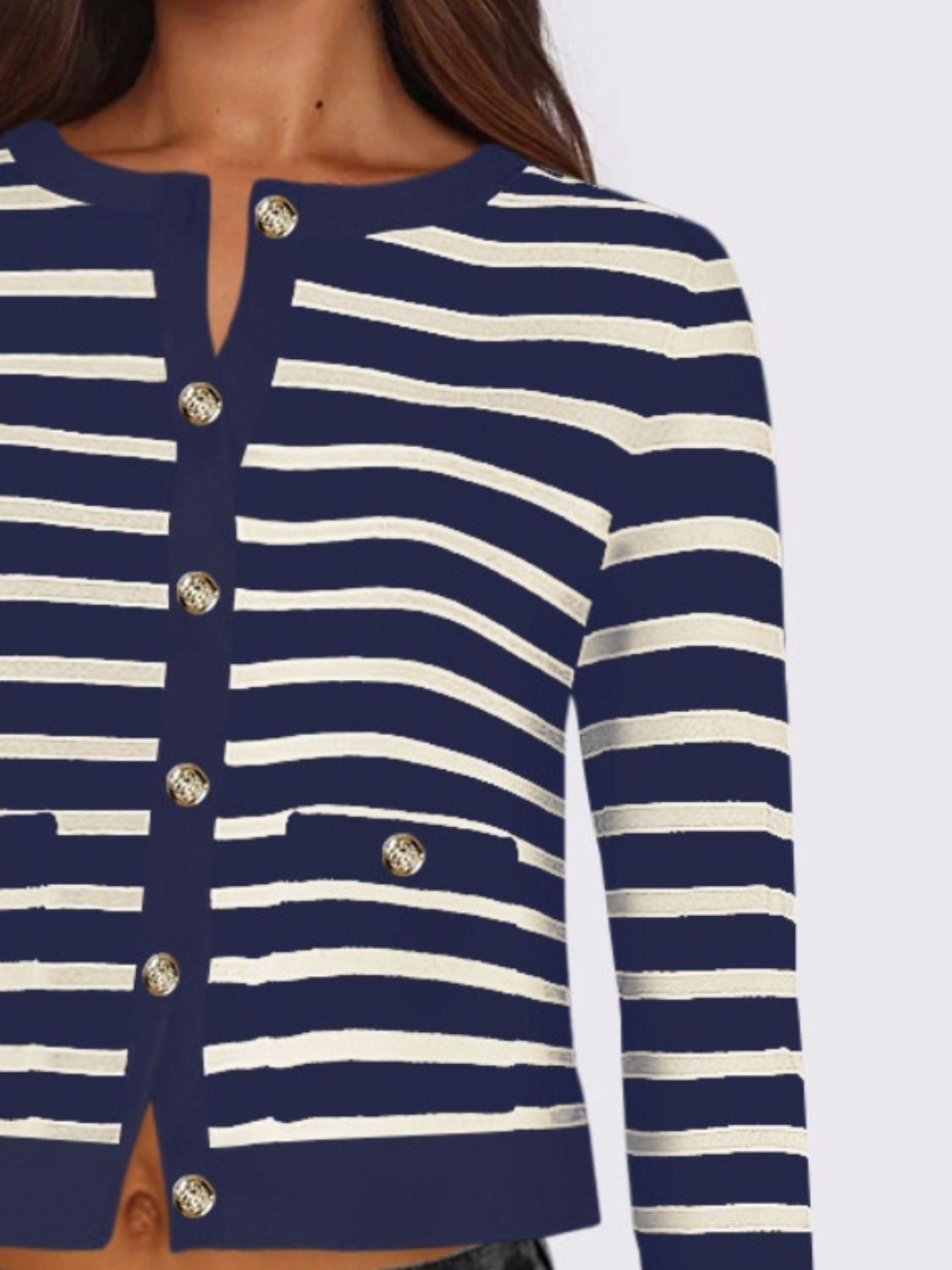 Striped Round Neck Button Up Long Sleeve Cardigan Carauana Store
