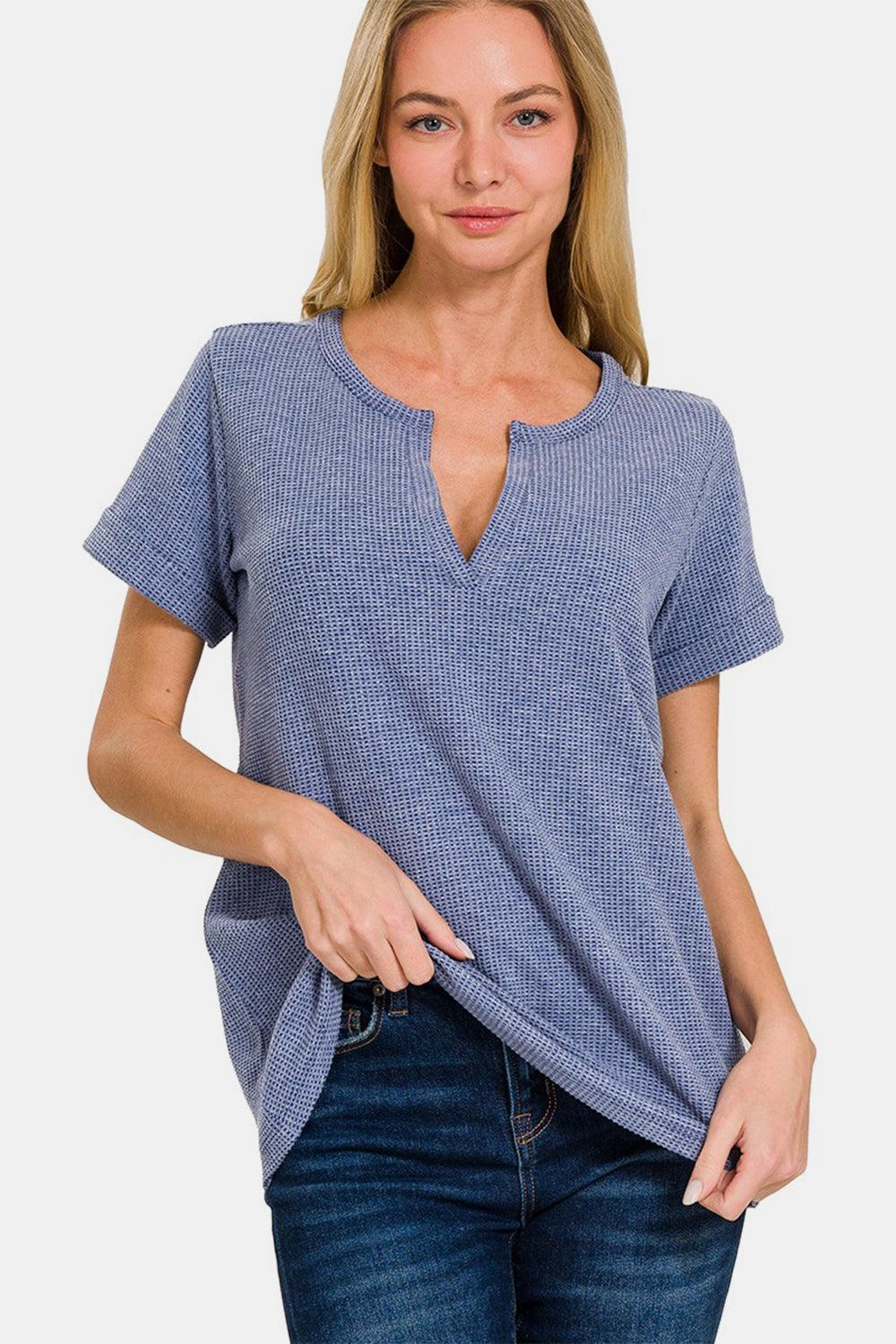 Zenana Notched Short Sleeve Waffle T-Shirt Carauana Store