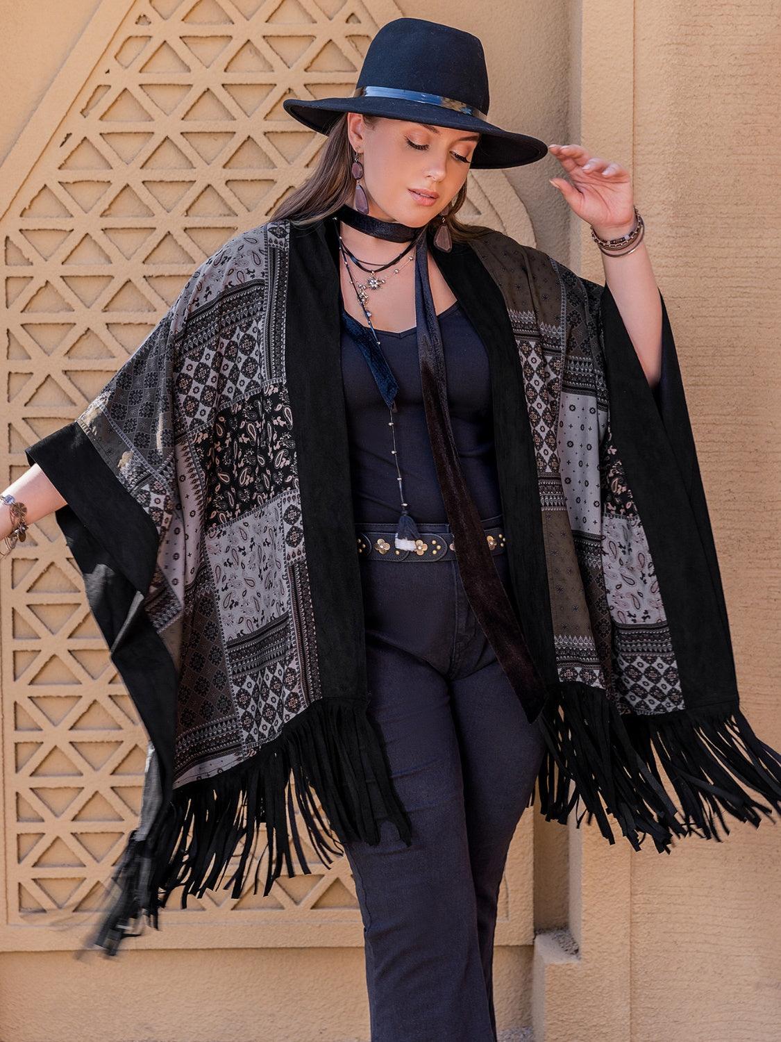 Plus Size Printed Fringe Open Front Outerwear Carauana Store