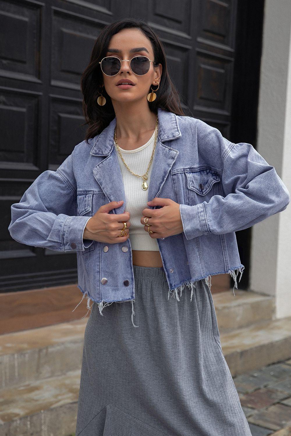 Lapel Collar Long Sleeve Denim Jacket Carauana Store
