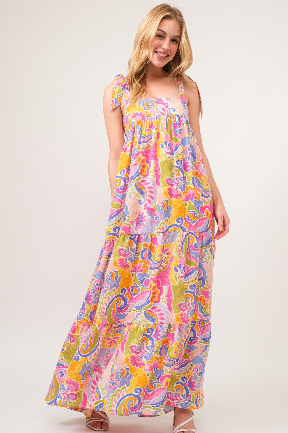 And The Why Full Size Printed Tie Shoulder Tiered Maxi Dress Carauana Store