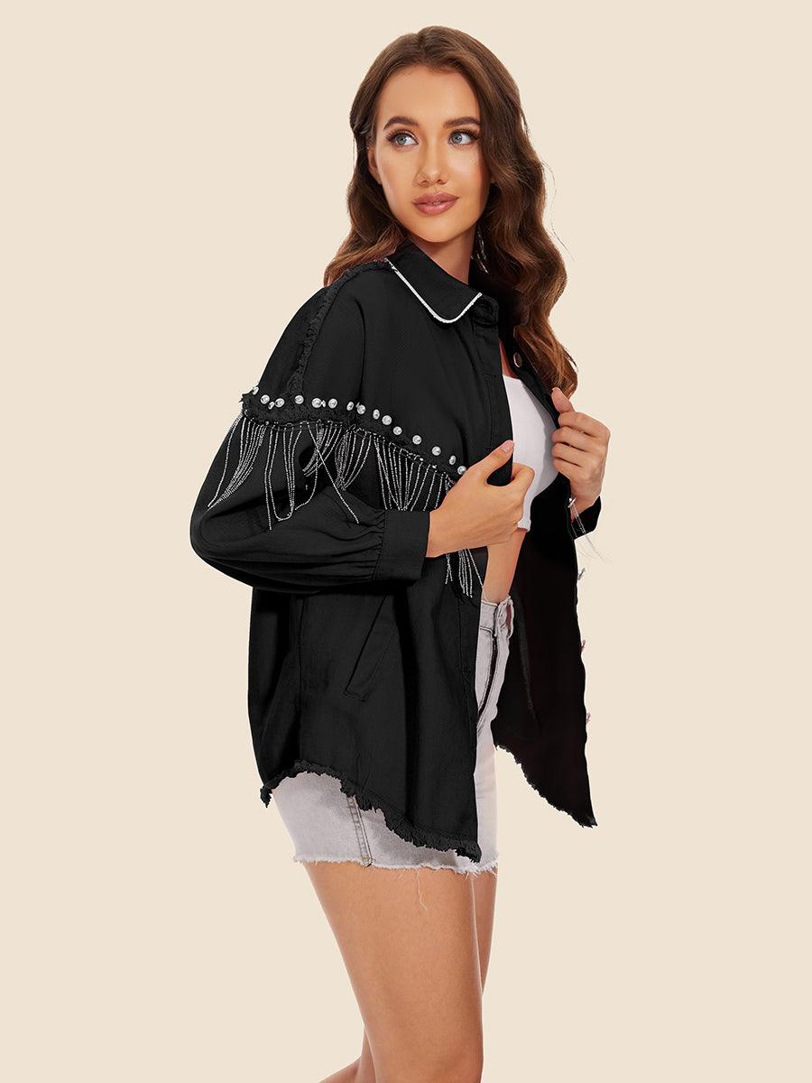 Raw Hem Fringe Detail Denim Jacket Carauana Store