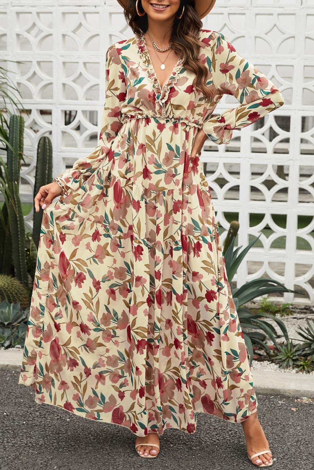 Floral Frill Trim Flounce Sleeve Plunge Maxi Dress Carauana Store