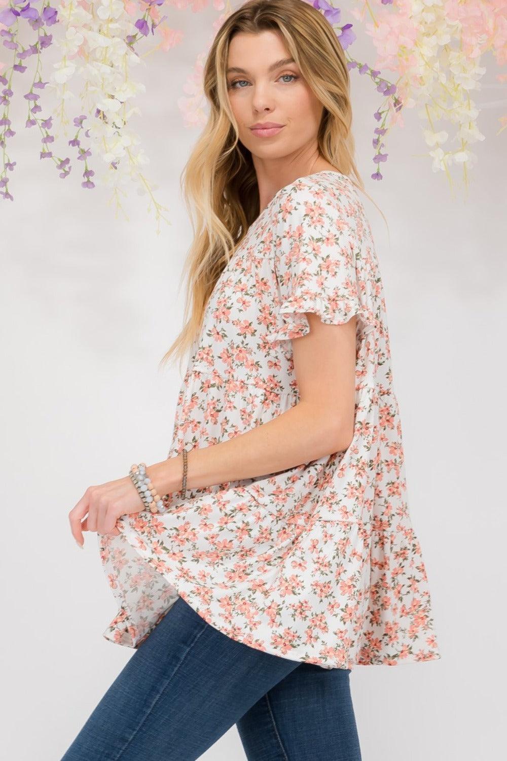 Celeste Full Size Floral Ruffled Short Sleeve Blouse Carauana Store