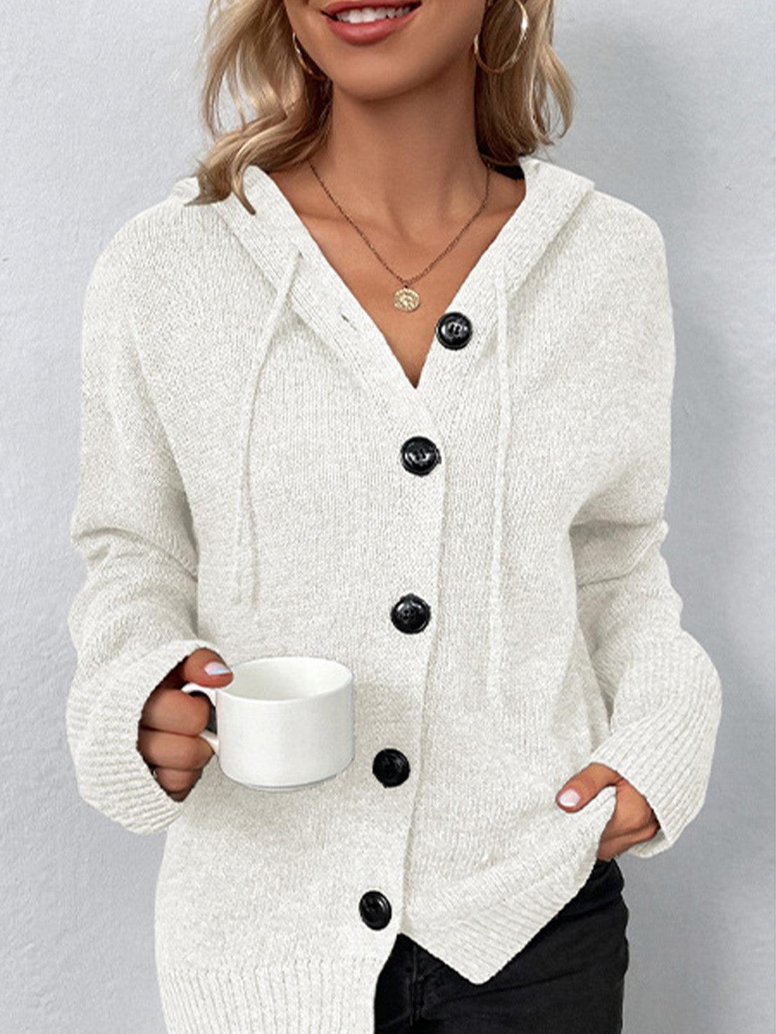 Drawstring Button Up Hooded Cardigan Carauana Store
