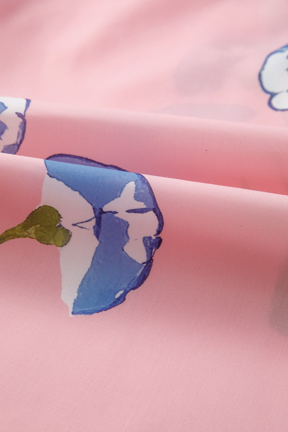 Pink Floral Print Striped Notched V Neck Bubble Sleeve Blouse