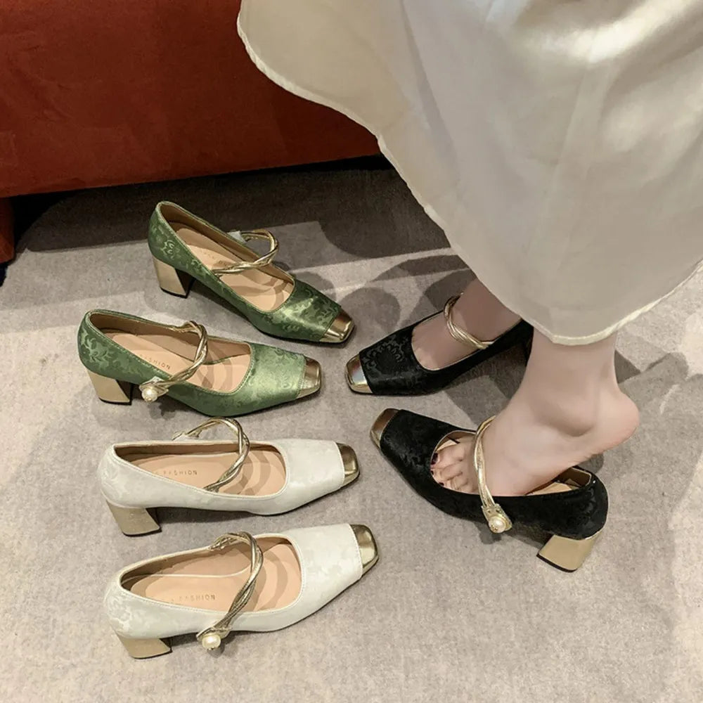 Square Toe Block Heels Pumps