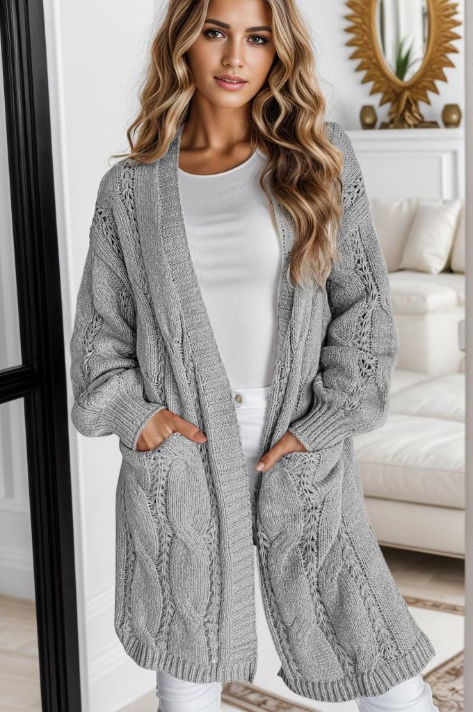 Cable-Knit Dropped Shoulder Slit Cardigan Carauana Store
