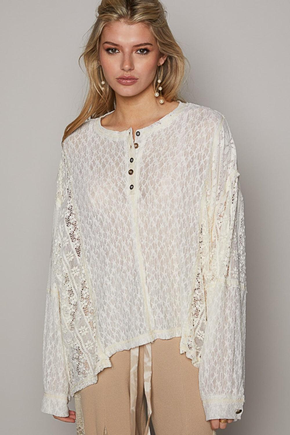 POL Round Neck Long Sleeve Raw Edge Lace Top Carauana Store