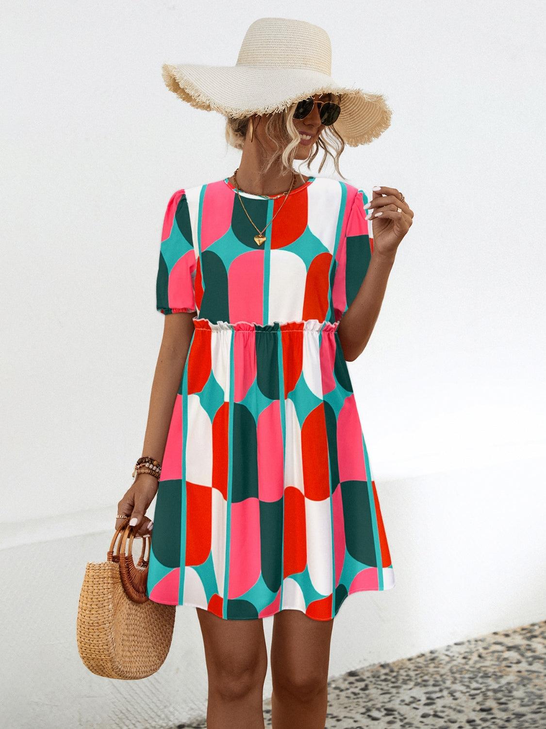 Geometric Frill Round Neck Short Sleeve Dress Carauana Store
