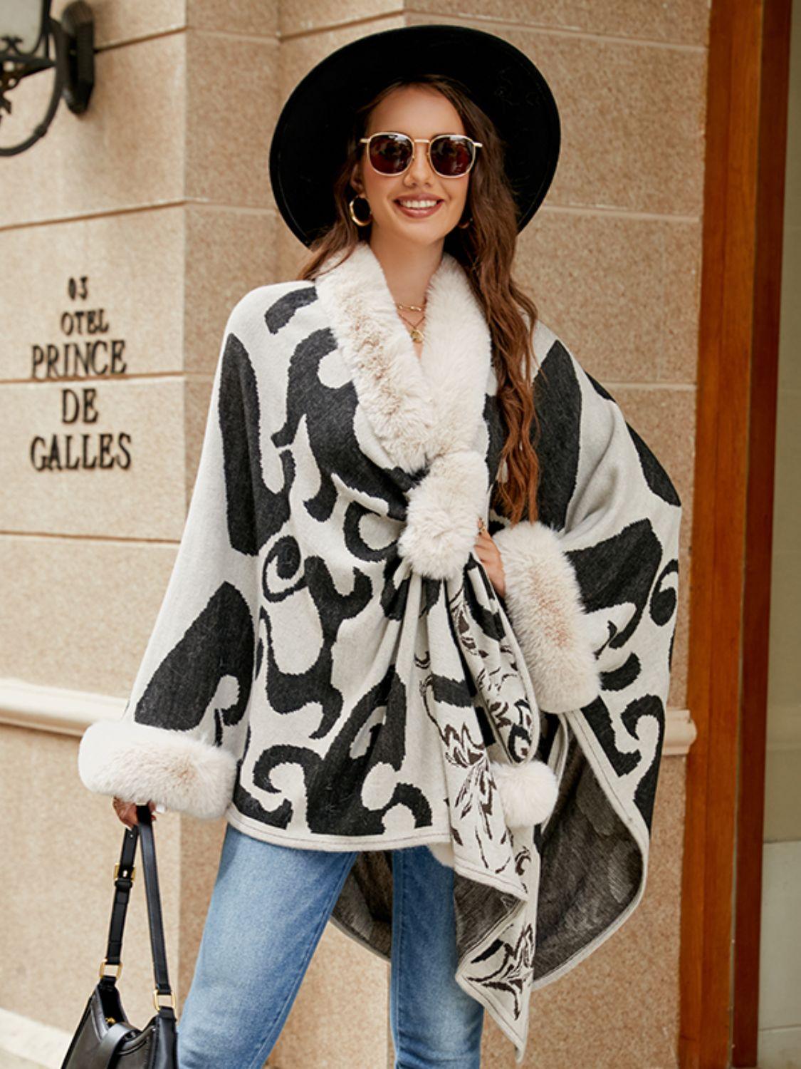 Faux Fur Trim Poncho Carauana Store