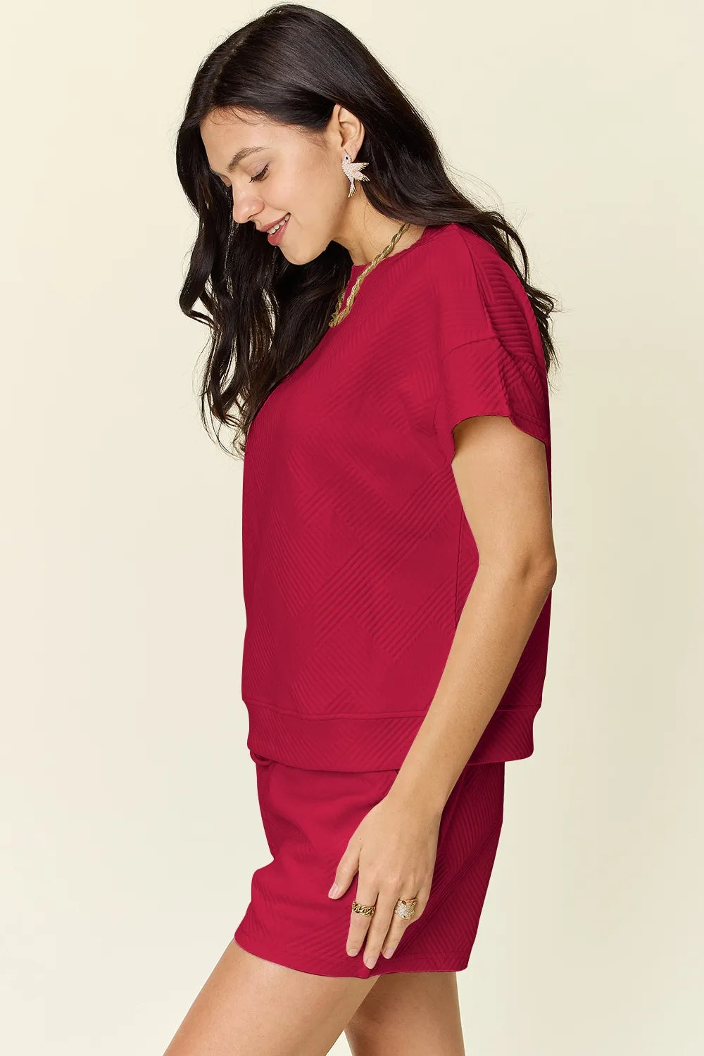 Double Take Full Size Texture Short Sleeve T-Shirt and Drawstring Shorts Set Carauana Store