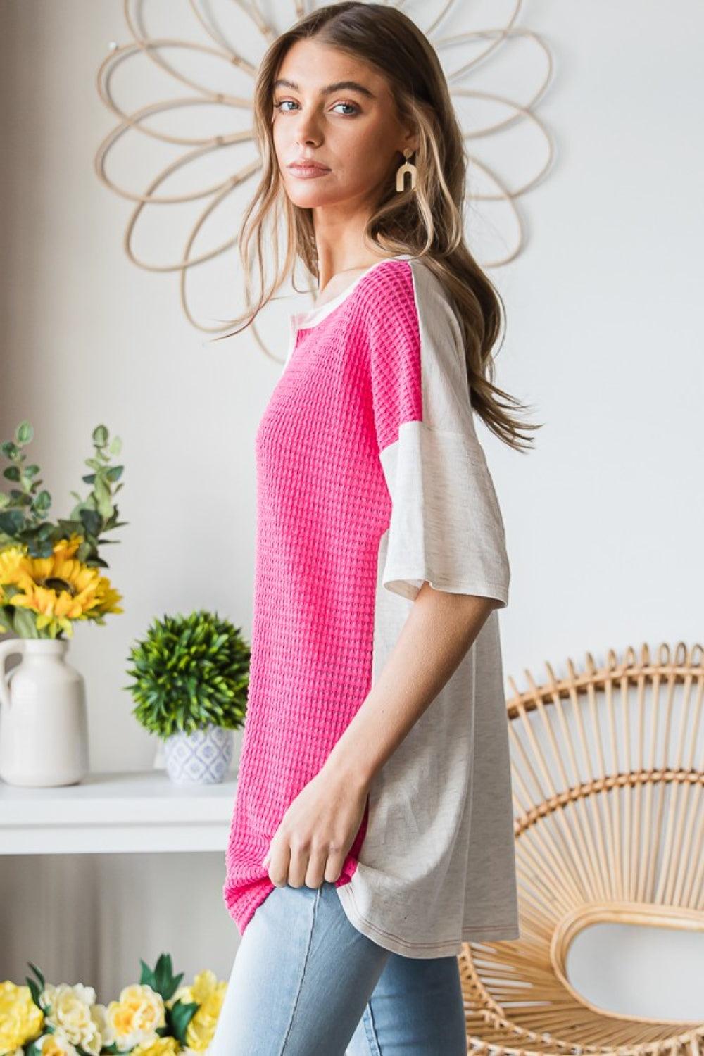 Heimish Full Size Contrast Waffle-Knit Half Sleeve Blouse Carauana Store