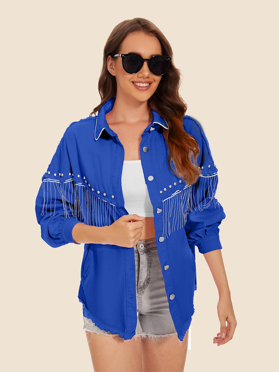 Raw Hem Fringe Detail Denim Jacket Carauana Store