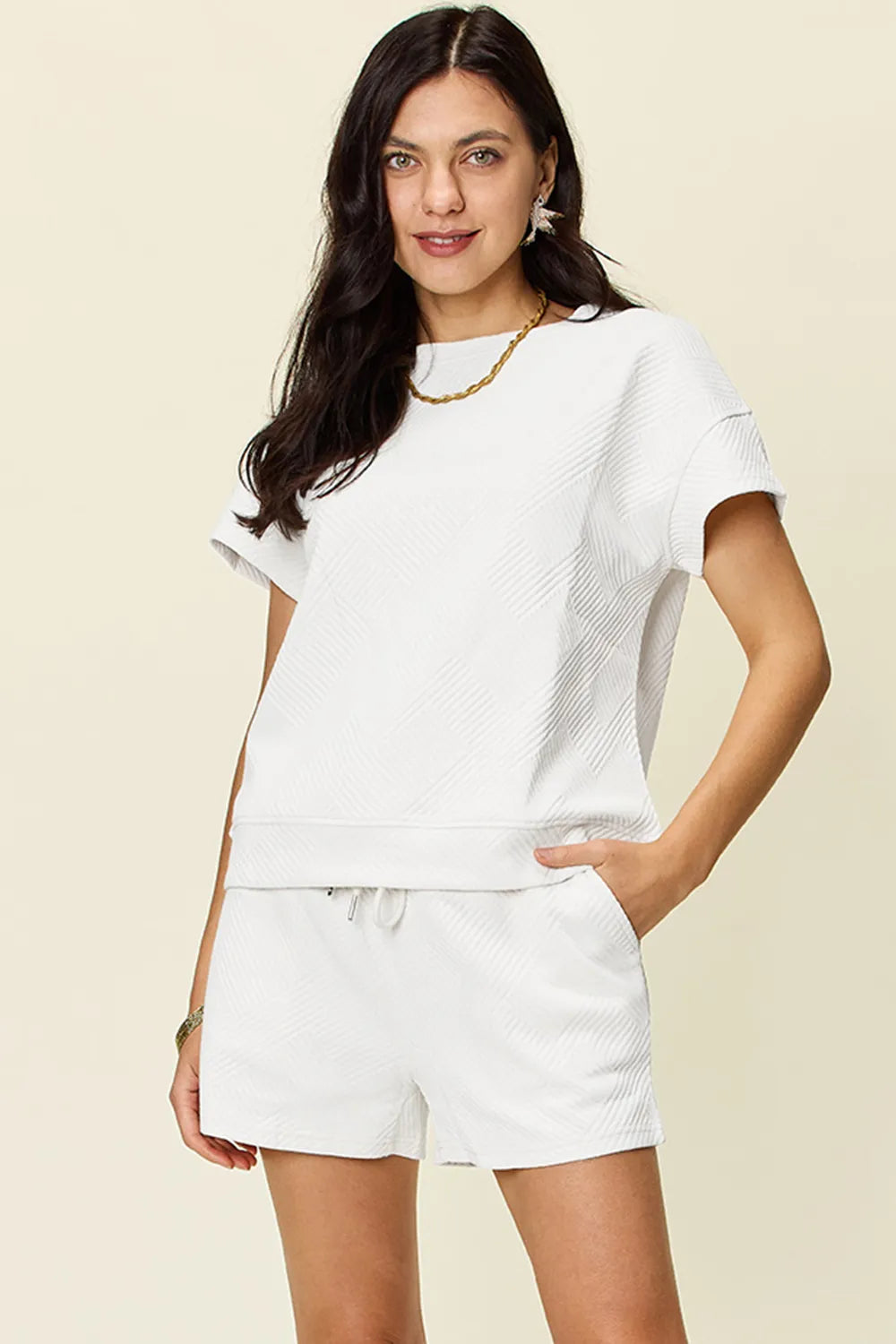 Double Take Full Size Texture Short Sleeve T-Shirt and Drawstring Shorts Set Carauana Store