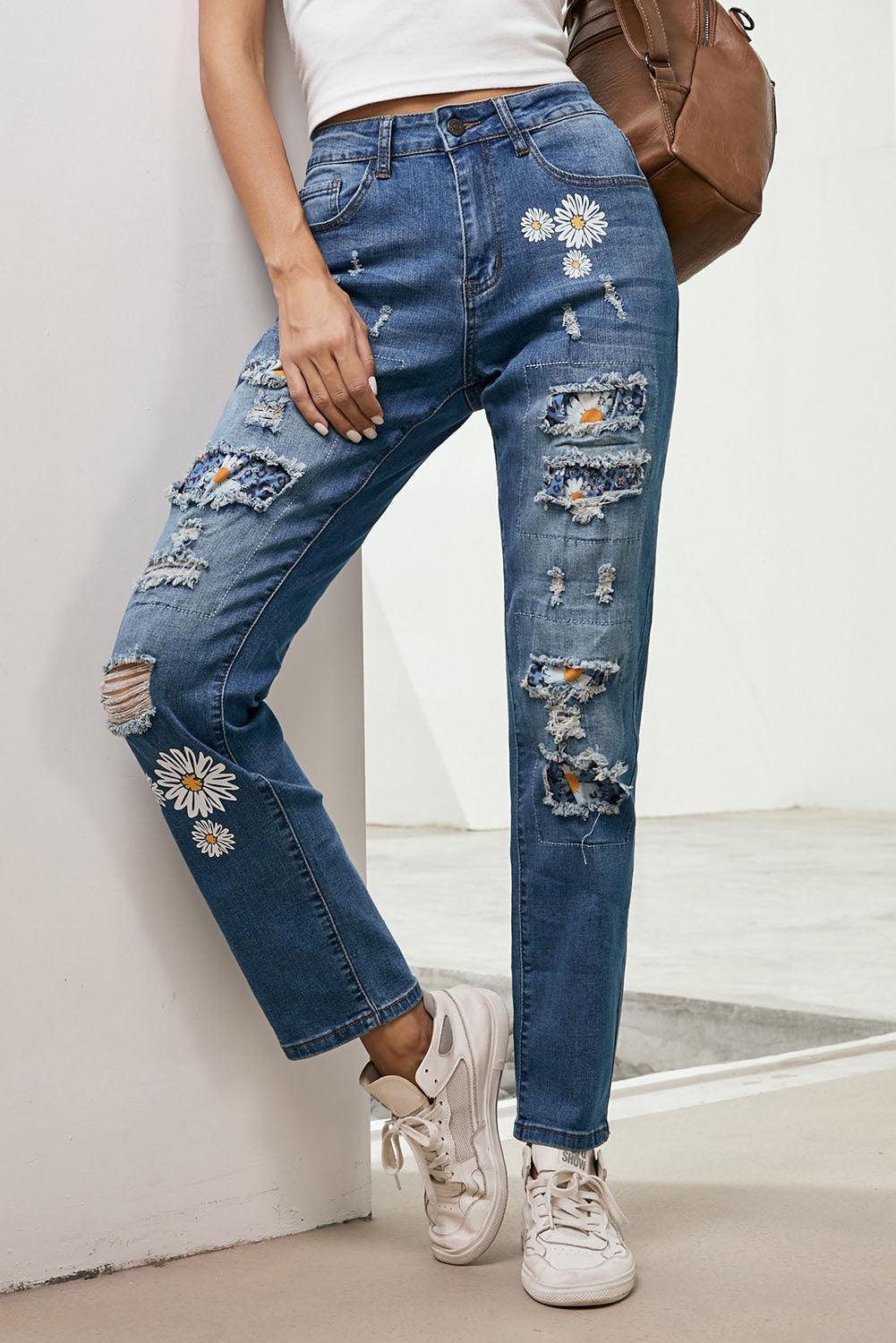 Baeful Printed Patch Distressed Boyfriend Jeans Carauana Store
