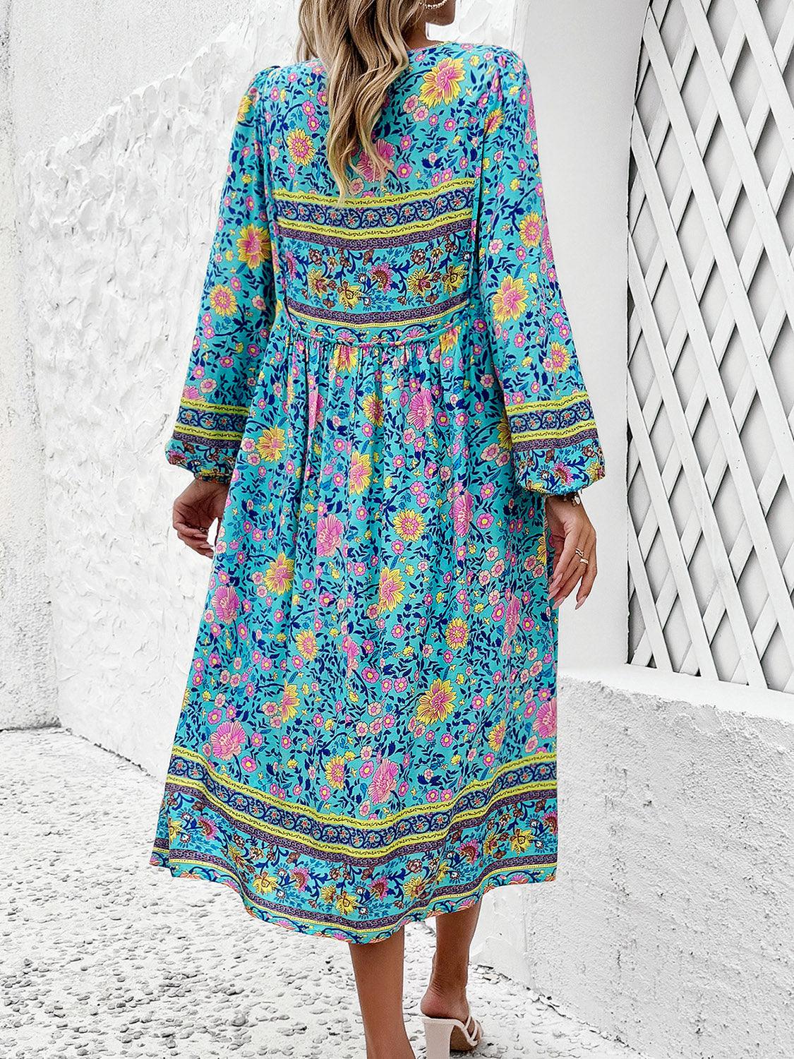 Tassel Tied Printed Long Sleeve Dress Carauana Store