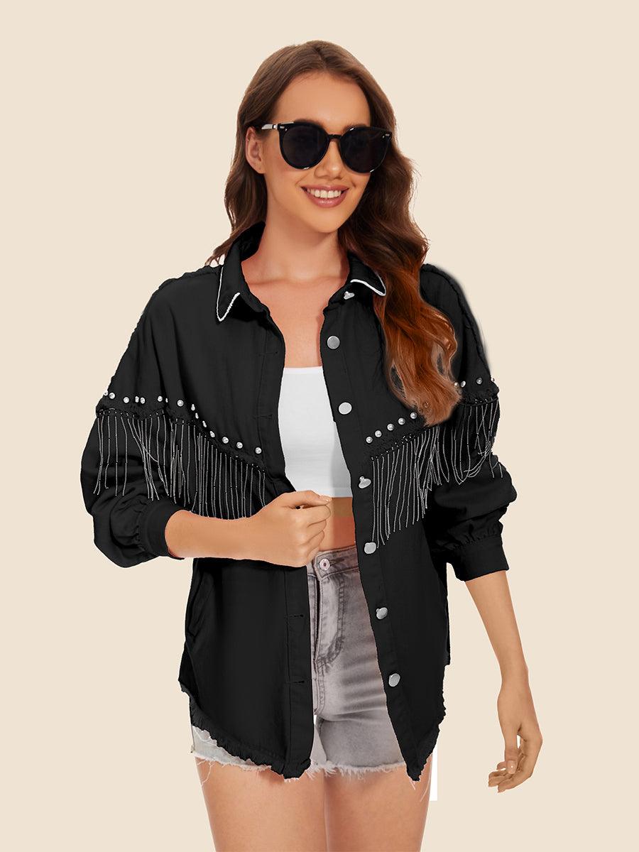 Raw Hem Fringe Detail Denim Jacket Carauana Store
