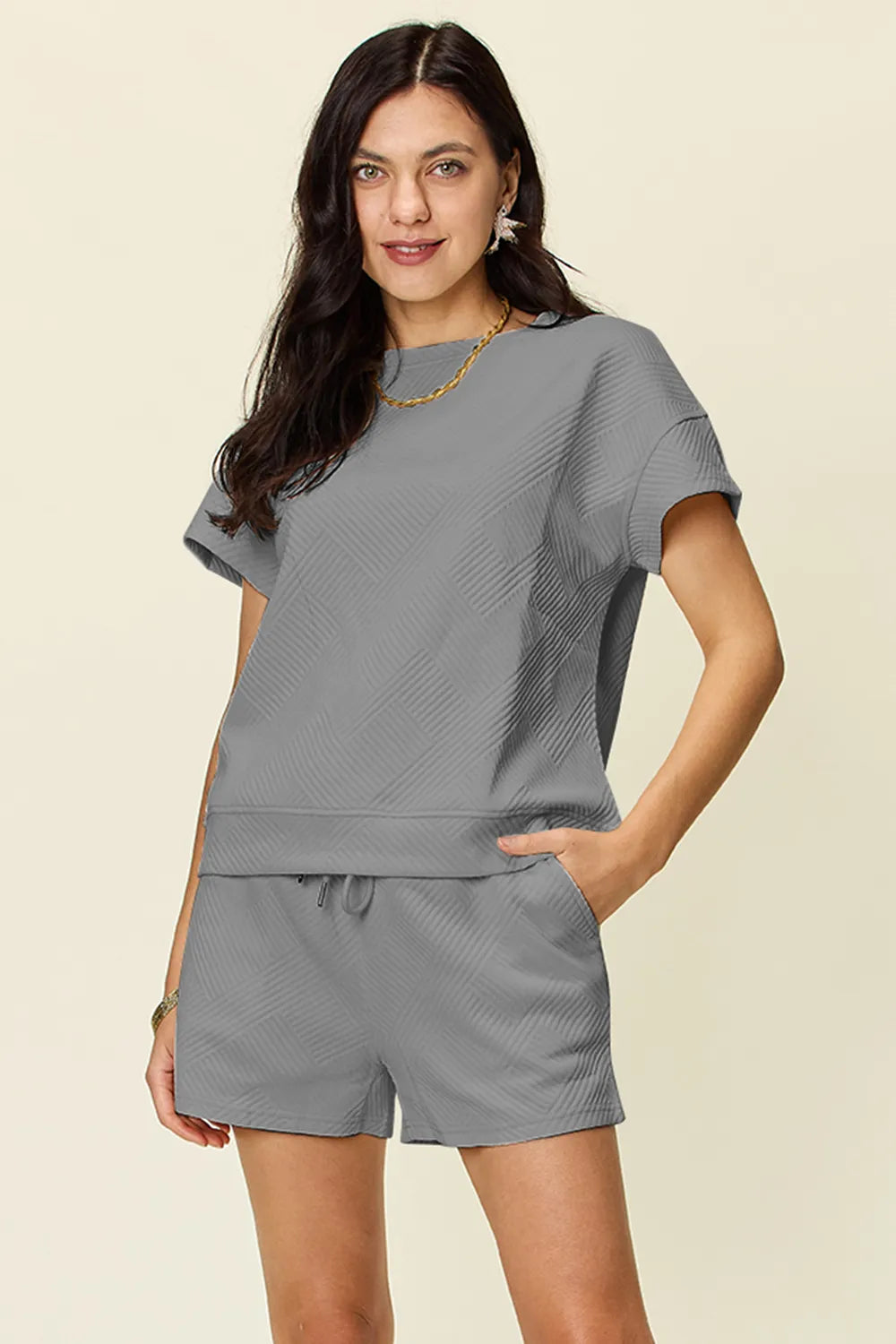 Double Take Full Size Texture Short Sleeve T-Shirt and Drawstring Shorts Set Carauana Store