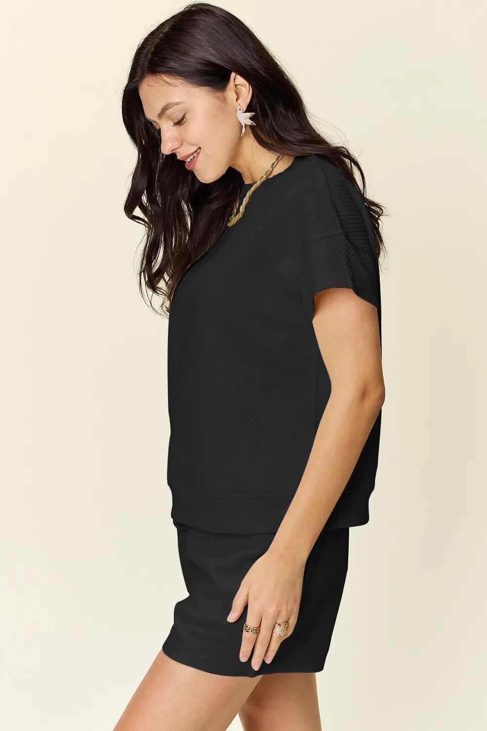Double Take Full Size Texture Short Sleeve T-Shirt and Drawstring Shorts Set Carauana Store