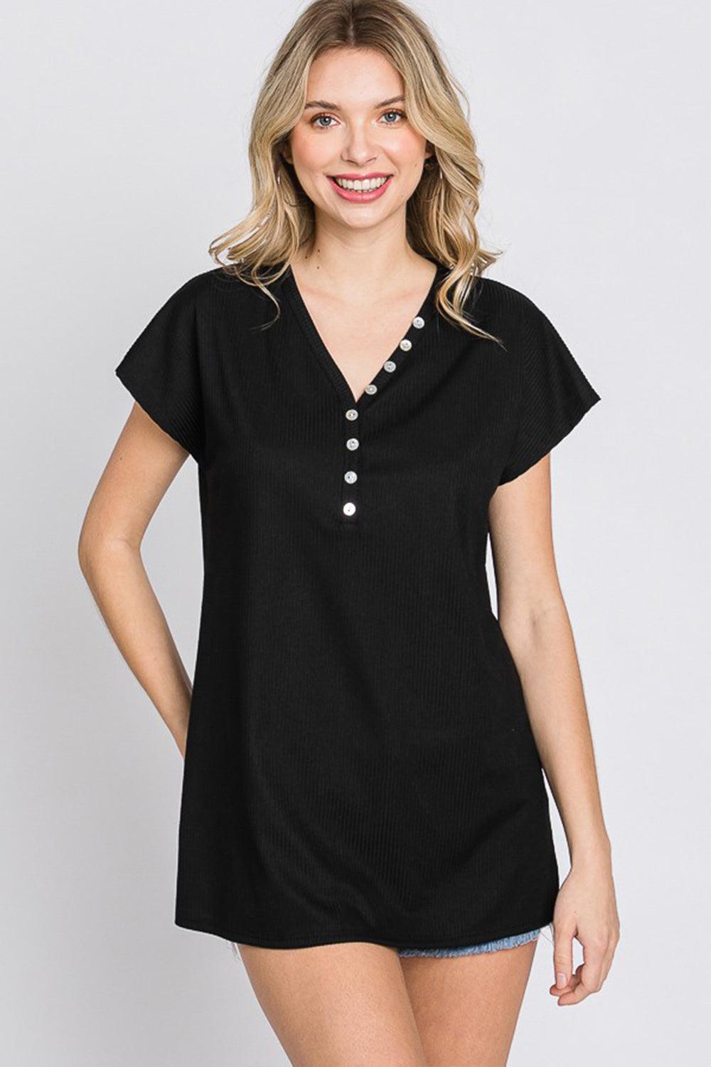Heimish Full Size Front Button V-Neck Short Sleeve T-Shirt Carauana Store