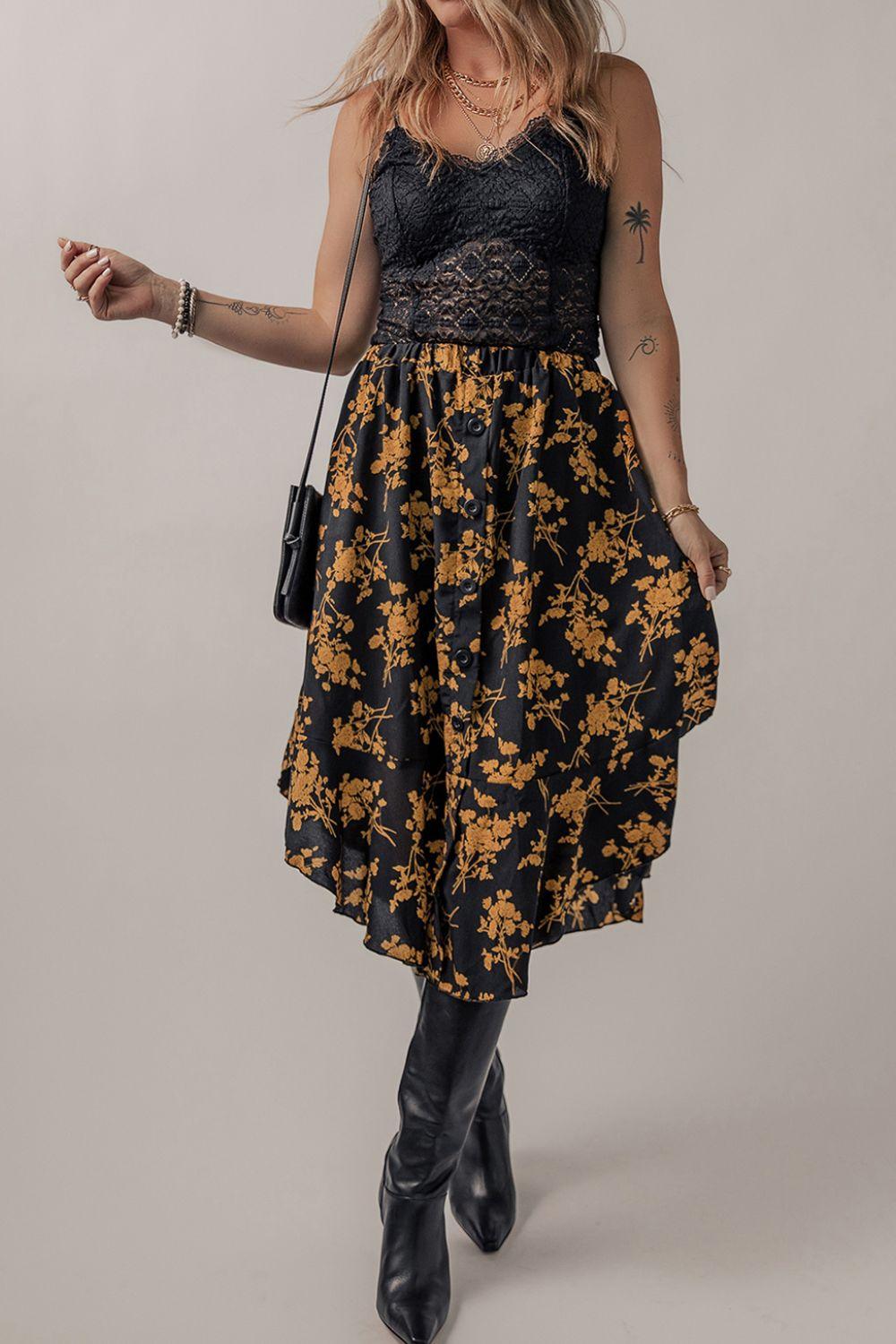 Floral Buttoned Ruffle Hem Skirt Carauana Store