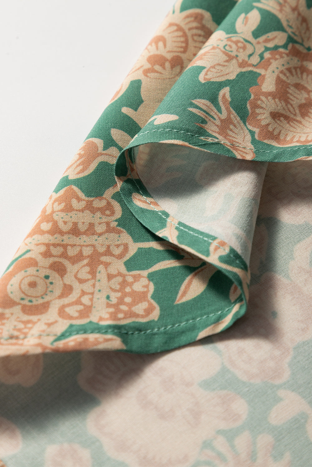 Green Floral Print Pleated Buttoned V Neck Short Sleeve Blouse