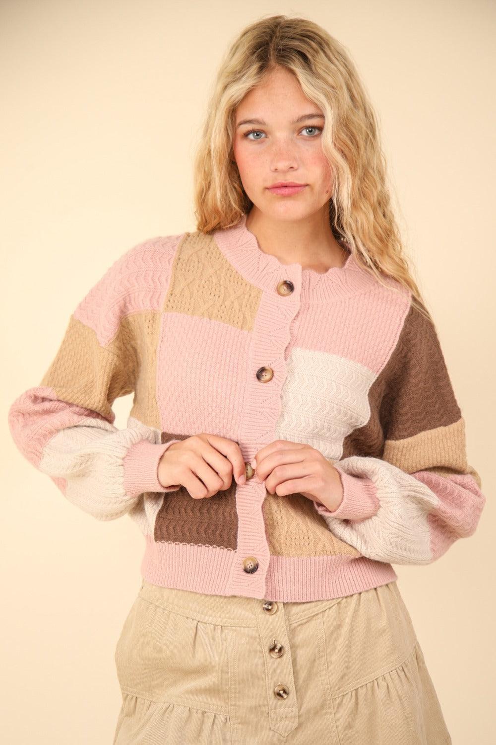 VERY J Color Block Button Down Textured Sweater Cardigan Carauana Store