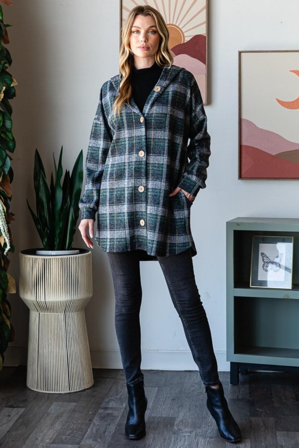 Heimish Plaid Button Down Long Sleeve Hooded Cardigan Carauana Store