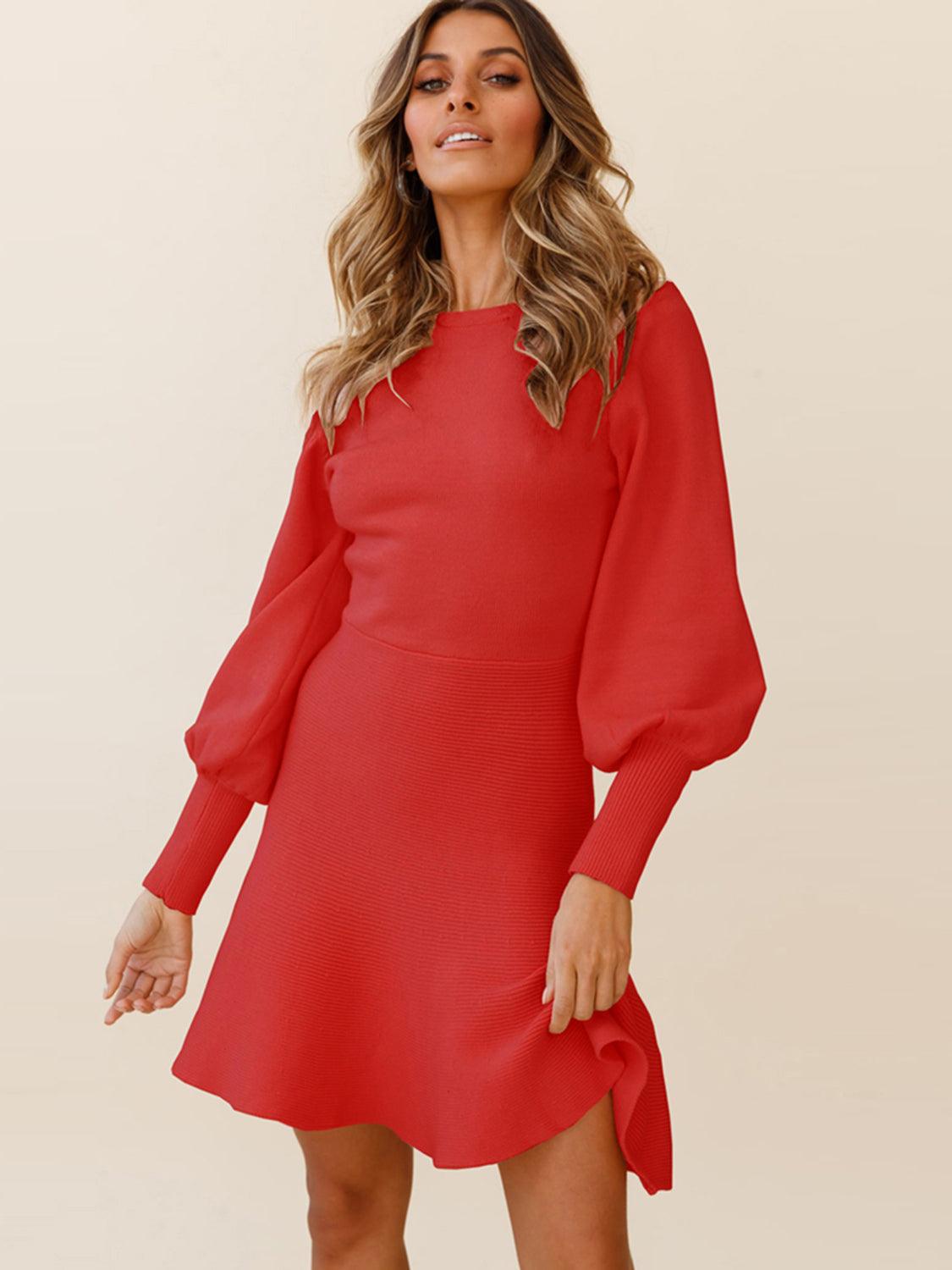 Round Neck Lantern Sleeve Sweater Dress Carauana Store