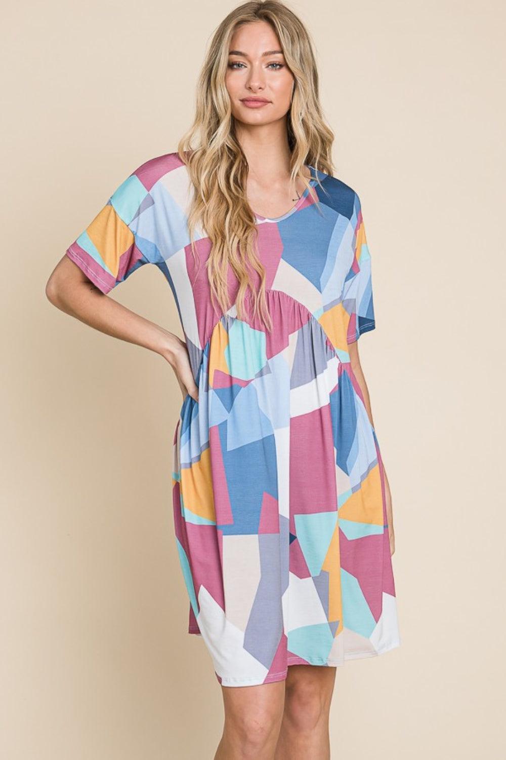 BOMBOM Ruched Color Block Short Sleeve Dress Carauana Store