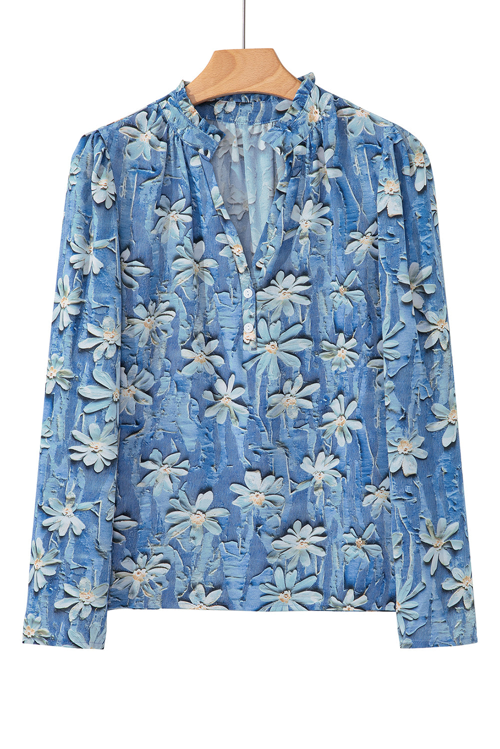 Sky Blue Fall Floral Half Placket Collared V Neck Blouse