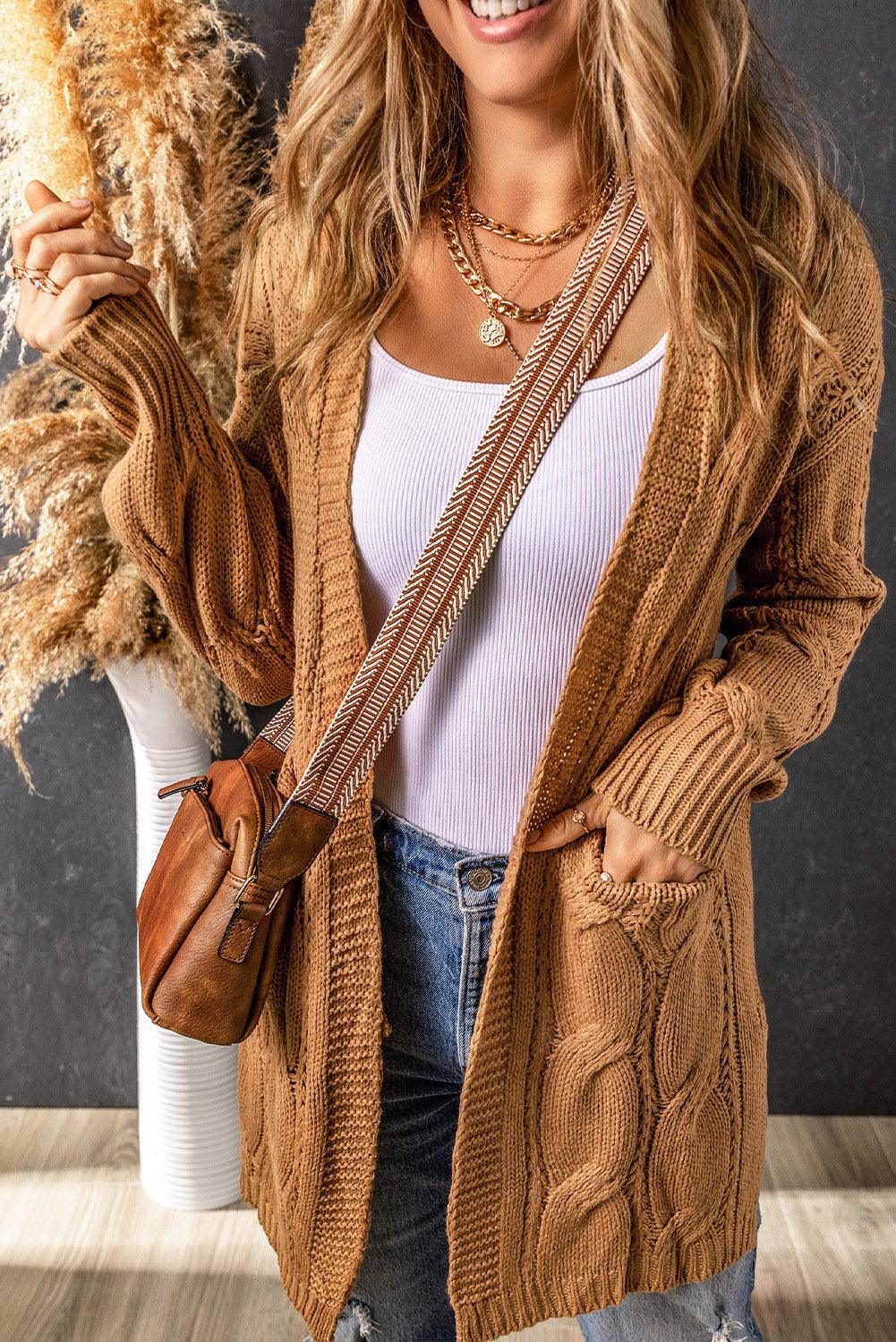 Cable-Knit Dropped Shoulder Slit Cardigan Carauana Store