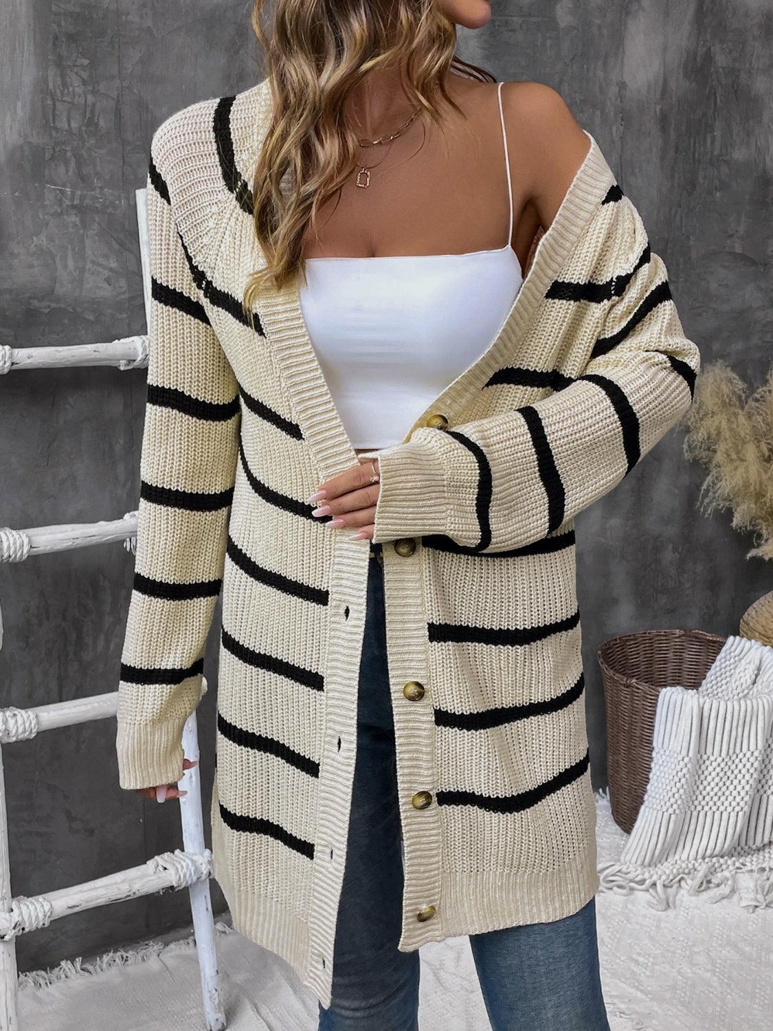 Perfee Striped Button Up Long Sleeve Cardigan Carauana Store