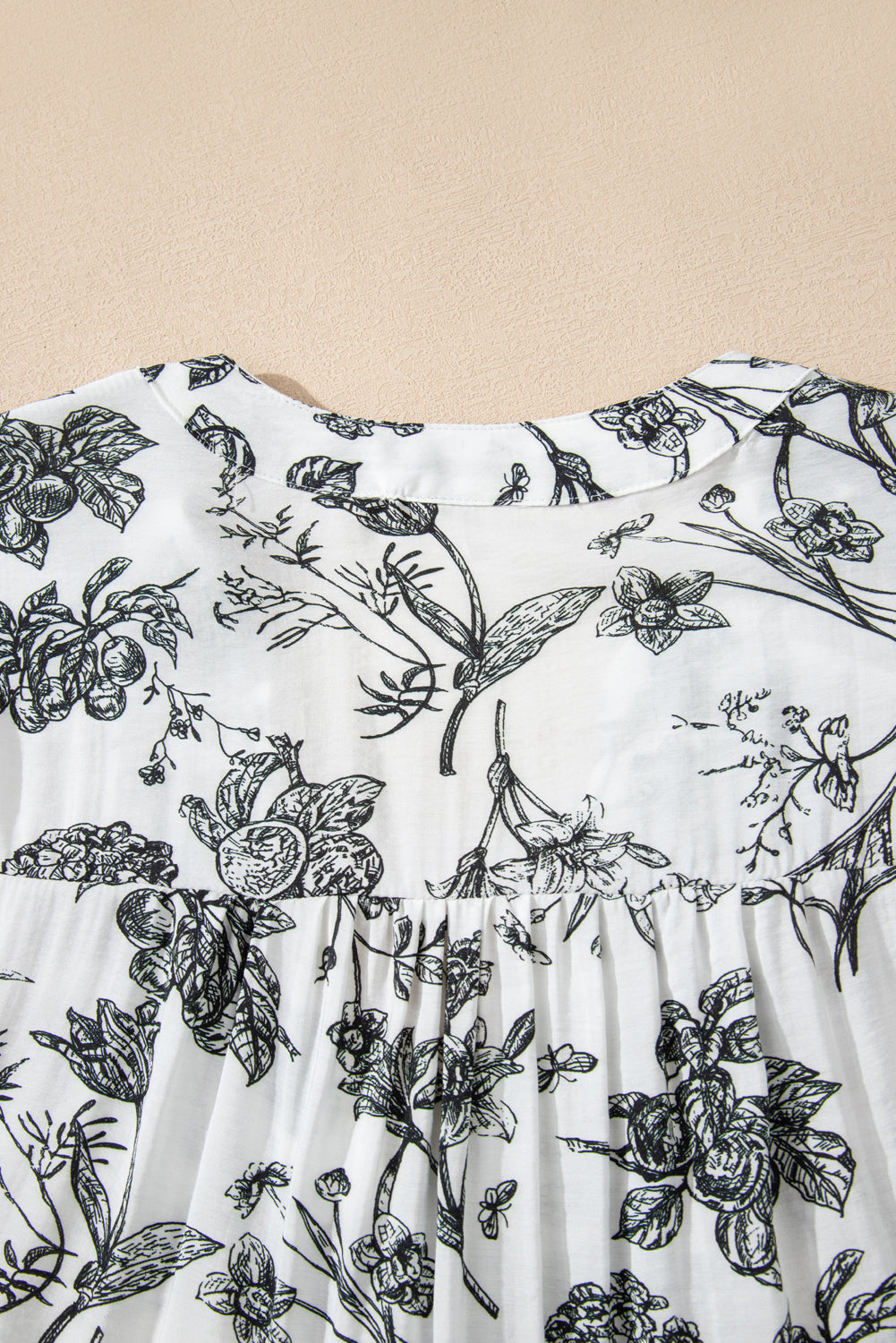 Black Floral Print Piping Trim Notched Neck Ruffle Sleeve Plus Size Long Dress