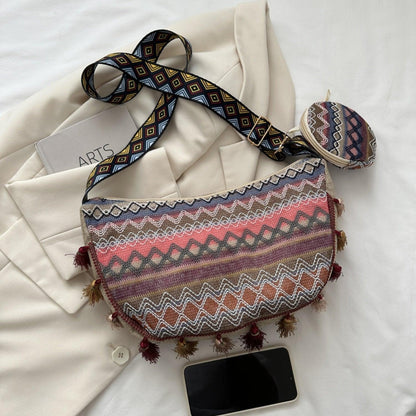 Printed Tassel Detail Crossbody Bag with Small Purse Carauana Store