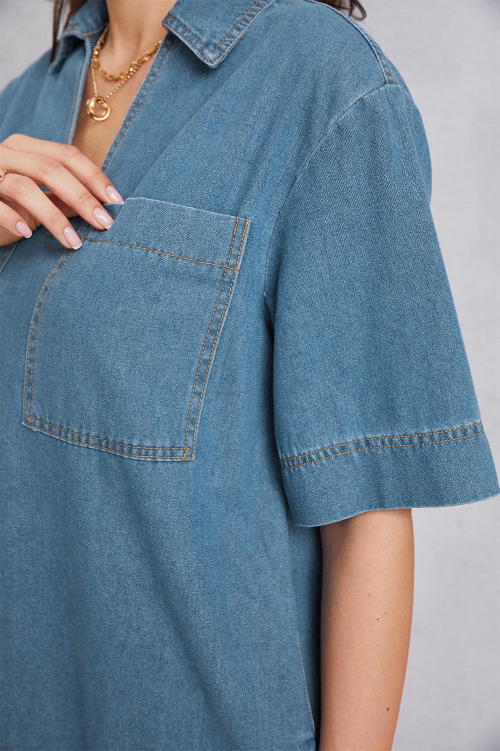 Pocketed Collared Neck Mini Denim Dress Carauana Store